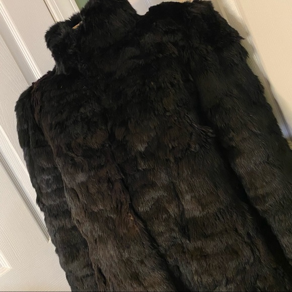 VINTAGE Black Rabbit Fur Coat Mid Length Below Waist High Collar - Picture 2 of 8